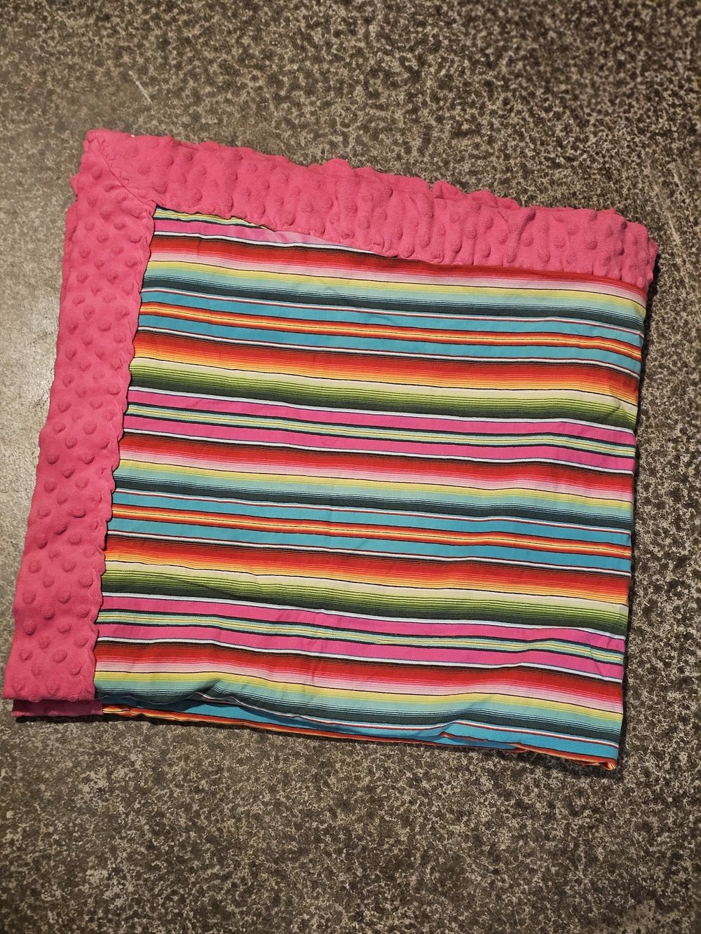 Vibrant Multicolor Striped Throw with Hot Pink Minky Border